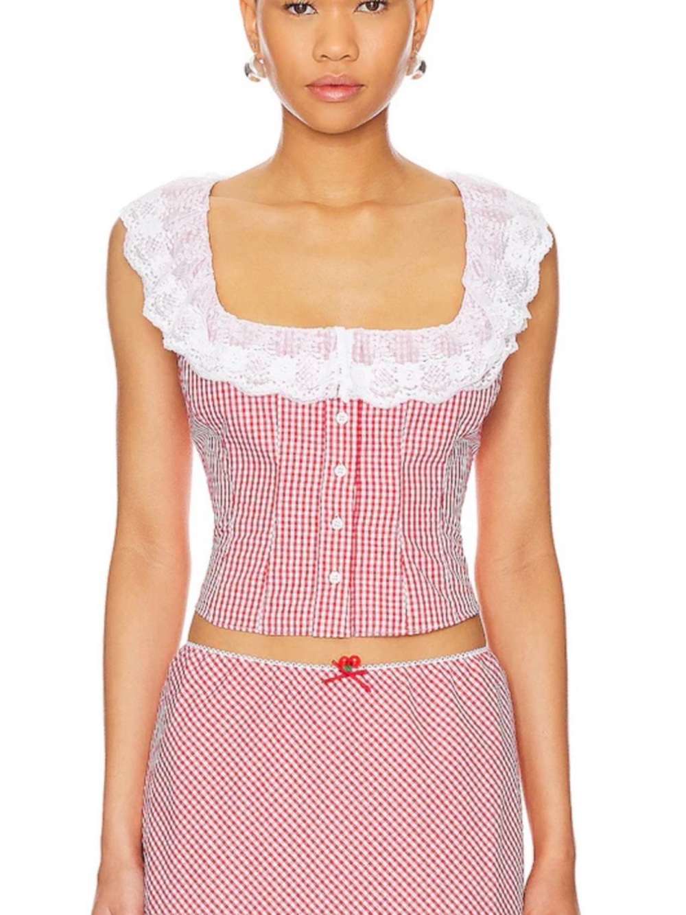 GUIZIO Paloma Corset Top Gingham Poppy Lace Trim Size Small